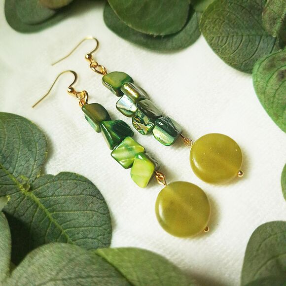 Coastal Green Mother of Pearl & Serpentine Stone Earrings: 24k Gold Plated Hooks - Picture 5 of 10